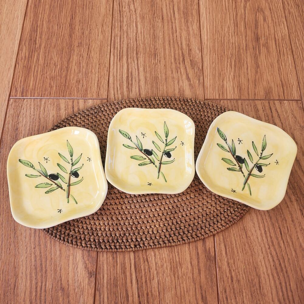 Julia Junkin 5" appetizer plates set of 3 yellow with black olive & branch print
